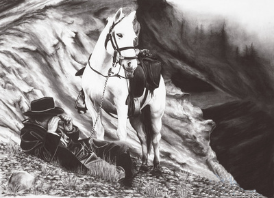 black and white charcoal painting of a cowboyand his white horse